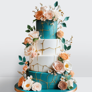 0 Свадебный торт с розами 4 яруса синий с золотом с роскошным декором и выразительным сочетанием оттенков