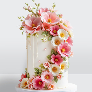 0 Свадебный торт с разноцветными цветами с ярким декором и гармоничным сочетанием оттенков