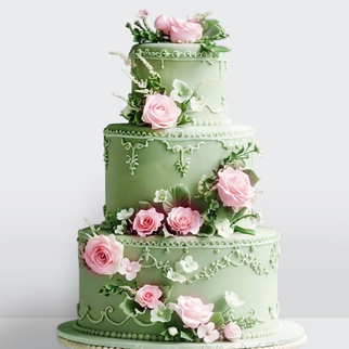 0 Свадебный торт зеленый с розовыми розами и орнаментом 3 яруса