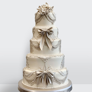 Свадебный торт ламбет 5 ярусов серебро с бантами и цветами