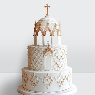 0 Свадебный торт белый на венчание с золотым крестом