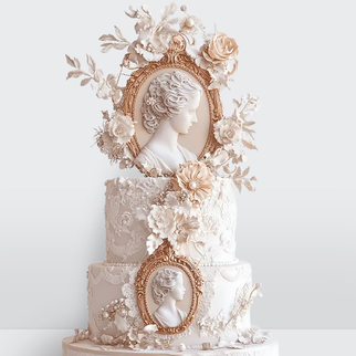 Свадебный торт винтажный с цветами, золотыми узорами и барельефом девушки