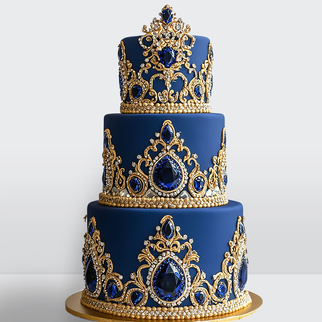 0 Свадебный торт синий с золотыми узорами и синими камнями царский 3 яруса