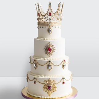 0 Свадебный торт с золотой короной камнями и нитями жемчуга 4 яруса