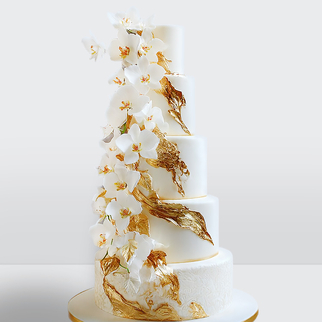 Свадебный торт с цветами и золотыми листьями 5 ярусов