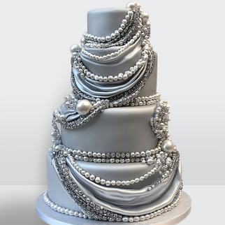0 Свадебный торт серебряный с драпировкой и нитями жемчуга 4 яруса