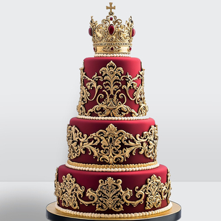 0 Свадебный торт с золотой короной, узором и нитями жемчуга на красной мастике