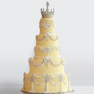 0 Свадебный торт с золотой короной и узорами желтый 5 ярусов