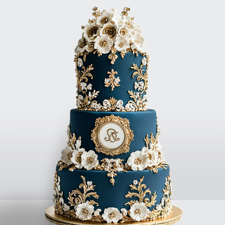 0 Свадебный торт зеленый в стиле ампир с цветами золотым узором и геральдикой 3 яруса