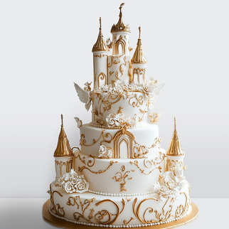 0 Свадебный торт сказочный в виде замка с золотыми узорами 5 ярусов