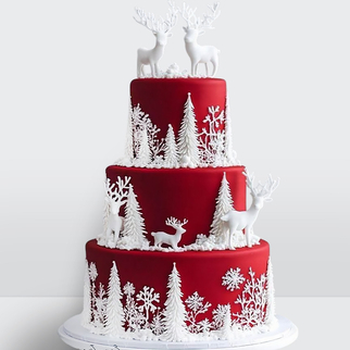 0 Торт красный зимний со снежинками с елочками и оленями 3 яруса