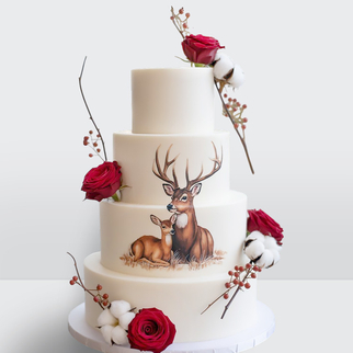 0 Торт зимний с оленями красными розами и хлопком 4 яруса