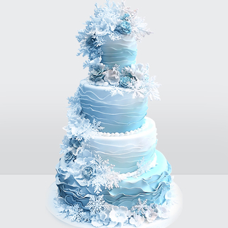 0 Торт зимний голубой со снежинками цветами и драпировкой