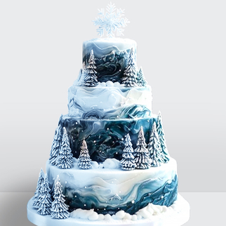 0 Торт зимний ночной лес с елочками сугробами и снежинками 4 яруса