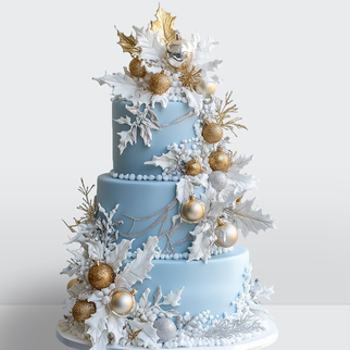 0 Торт зимний с елочными украшениями золотыми шарами снежинками