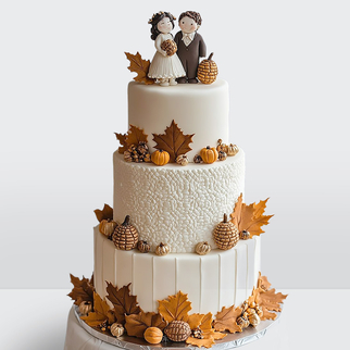 0 Торт осенний 3 яруса с листьями клена тыквами и фигурками жениха и невесты