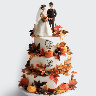 0 Торт осенний 3 яруса с листьями клена тыквами и фигурками жениха и невесты