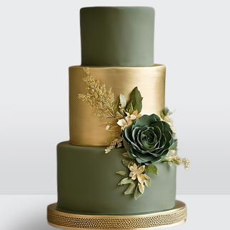 0 Торт осенний зеленый 3 яруса с зеленым цветком и золотым ярусом