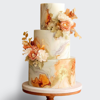 0 Торт осенний 3 яруса с листьями цветами в цветах охры