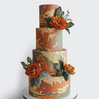 0 Торт осенний 4 яруса с осенними цветами с золотом в цвете охра