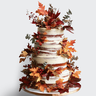 0 Торт осенний 4 яруса с осенними листьями и ягодами рябины в цвете охра