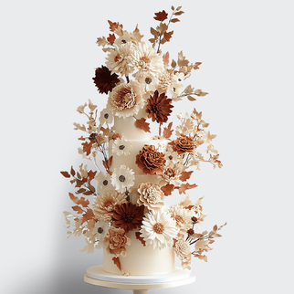 0 Торт осенний 4 яруса с листьями и цветами цвета охра