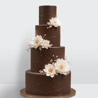 0 Торт шоколадный 4 яруса украшенный белыми цветами