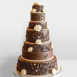0 Торт шоколадный 7 ярусов украшенный белыми цветами с узорами и бусинами