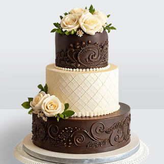 0 Торт 3 яруса с мастикой белыми розами и узорами