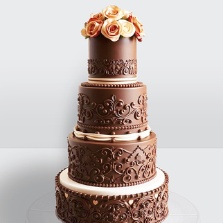 0 Торт 4 яруса украшенный розами и шоколадными узорами с бусинами