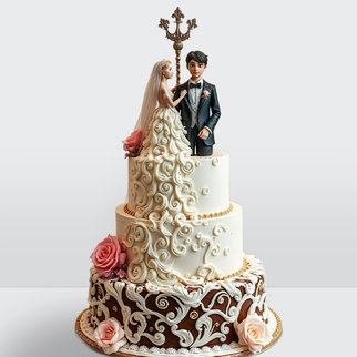 0 Торт 3 яруса украшенный розами узорами и фигурками жениха и невесты