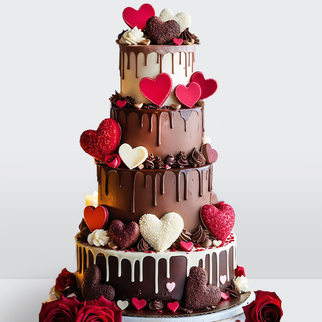 0 Торт шоколадный 4 яруса облитый чёрным и белым шоколадом с красными сердечками