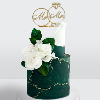 0 Торт под мрамор 2 яруса в стиле минимализм зеленый с розами и кольцами