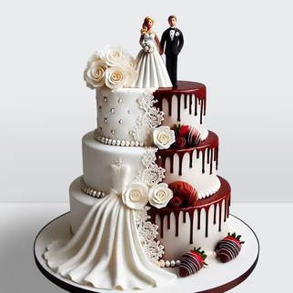 0 Торт 3 яруса с фигурками жениха и невесты с розами шоколадом и драпировкой с красным шоколадом