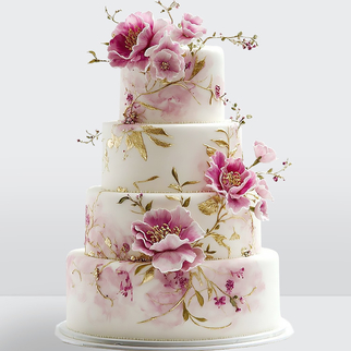 Торт 4 яруса украшенный розовыми цветами с золотыми листьями узорами