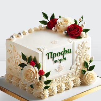 0 Торт квадратный с узорами, розами и надписью из мастики