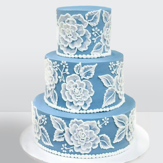 0 Торт 3 яруса голубой с белыми кружевами в виде роз