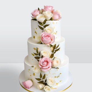 Торт 3 яруса с живыми розами и золотом на свадьбу