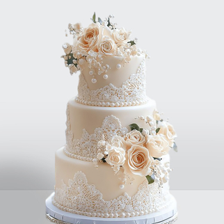 0 Торт 3 яруса с кружевом и живыми чайными розами