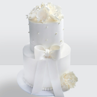 0 Торт 2 яруса с бантом, жемчужинами и цветами