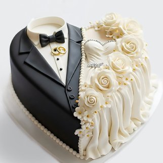Торт в виде сердца для невесты и костюм жениха с обручальными кольцами