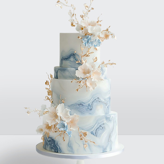 0 Торт 4 яруса голубой мраморный с золотыми цветами
