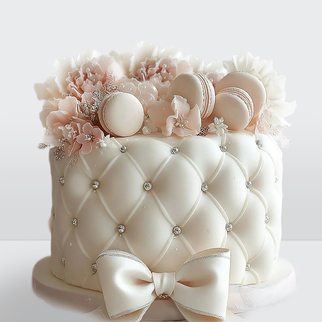 0 Торт романтический с бантом, украшенный цветами, макарунсами и кристаллами