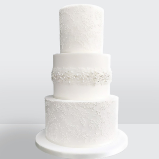 0 Торт 3 яруса с кружевами и жемчужинами на свадьбу
