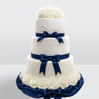 0 Торт 3 яруса с орнаментом, синими лентами и бантами, с розами и бусинами