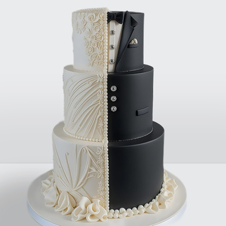 0 Торт 3 яруса черно-белый свадебное платье и костюм жениха