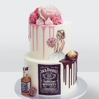 0 Торт 2 яруса с розовой и шоколадной глазурью, сладостями и розами Джек Дэниелс