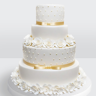 0 Торт 4 яруса с золотыми лентами, бусинами и цветами