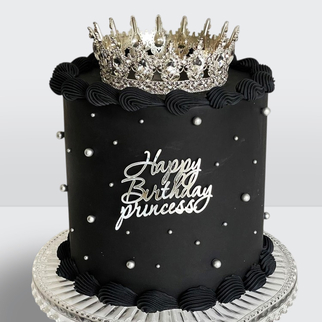 Торт черный ламбет с бусинами короной и надписью с изящным декором и выразительной композицией
