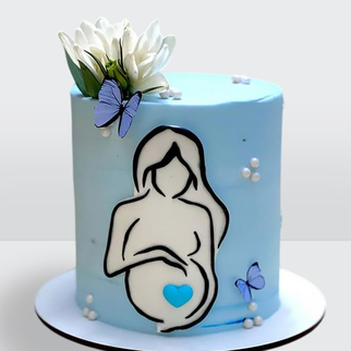 Голубой торт для беременной мальчиком с бабочками и цветком